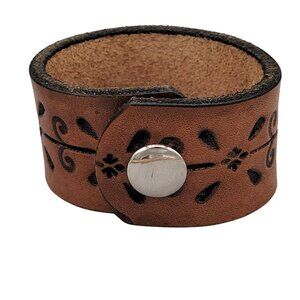 Tooled Brown Leather Cuff Bracelet Snap Close Abstract Design Fits Up To 5"